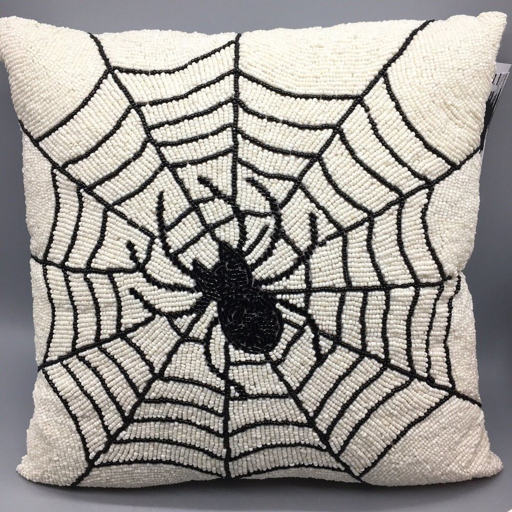 x2 Noir Night Halloween Black Spider Web Beaded Throw Pillow Set Spiderweb 16"